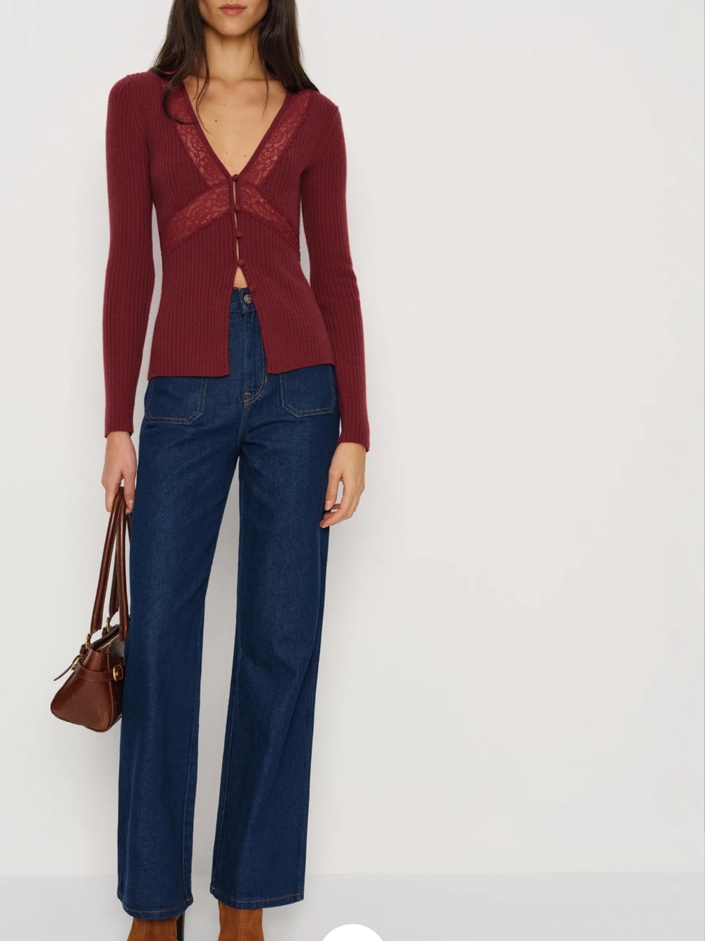 Reformation Burgundy Ribbed Lace-Trim Cardigan Top